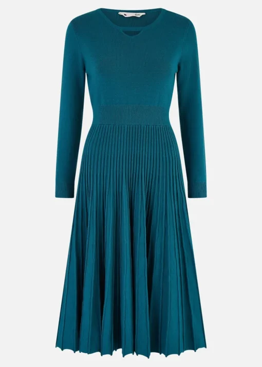 Yumi Teal Knitted Pleated Skater Dress With Notch Neckline