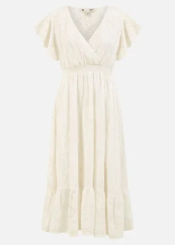 Yumi White Cotton Broderie Anglaise Wrap Midi Dress