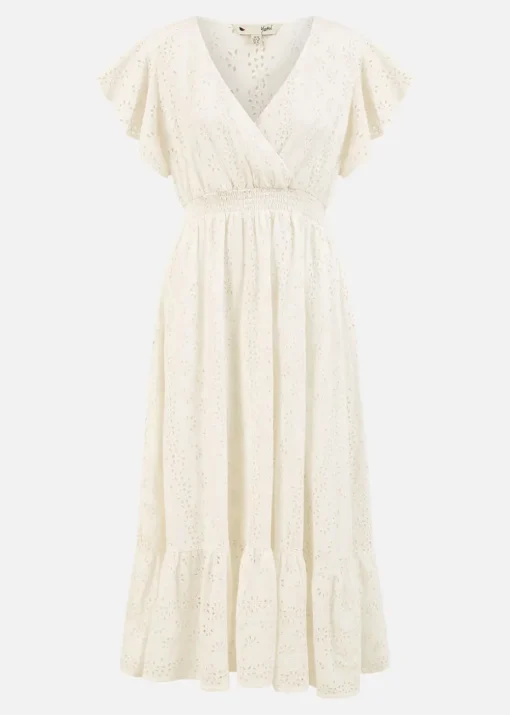 Yumi White Cotton Broderie Anglaise Wrap Midi Dress