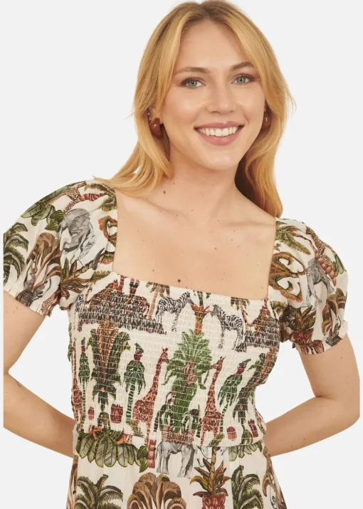 Yumi White Cotton Safari Print Ruched Midi Dress