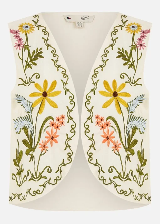 Yumi White Floral Embroidered Cotton Waist Coat