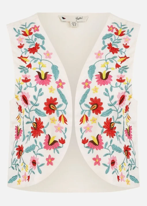 Yumi White Folk Embroidered Cotton Waist Coat
