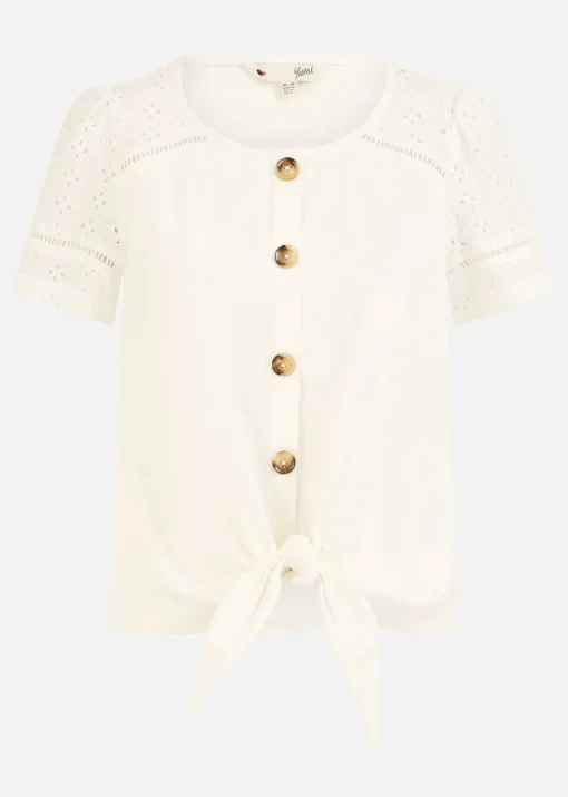 Yumi White Jersey Button Detail T Shirt With Broderie Anglaise Sleeves & Tie Front