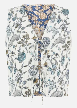 Yumi White Leaf Reversible Cotton Quilted Waistcoat