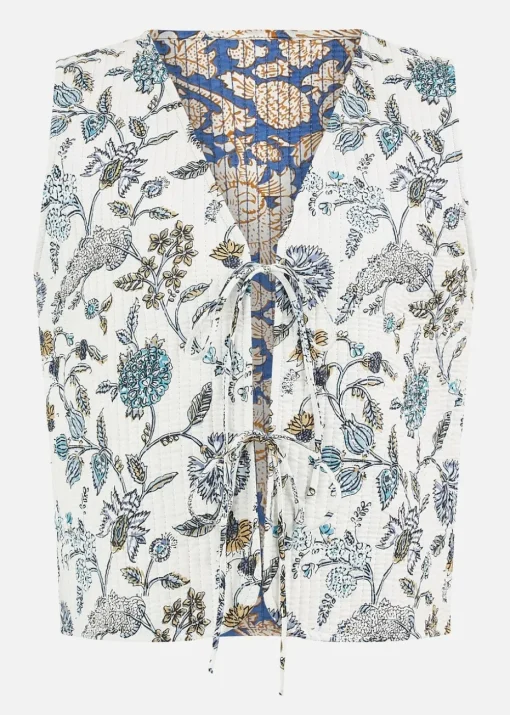 Yumi White Leaf Reversible Cotton Quilted Waistcoat