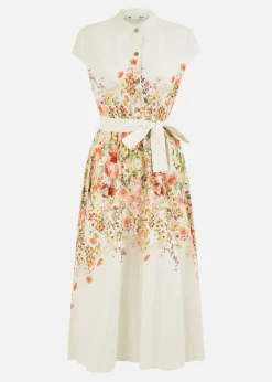 Yumi White Linen Floral Mirrored Placement Skater Dress