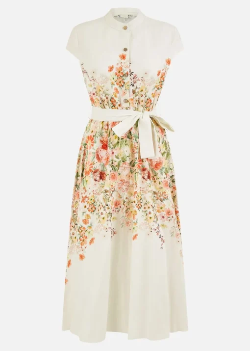 Yumi White Linen Floral Mirrored Placement Skater Dress