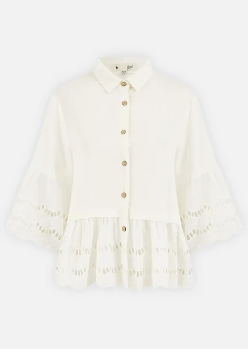 Yumi White Linen Relaxed Shirt With Scallop Trims
