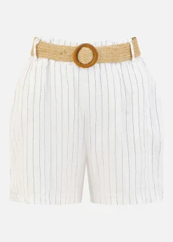 Yumi White Striped Italian Linen Shorts With Belt