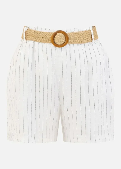 Yumi White Striped Italian Linen Shorts With Belt